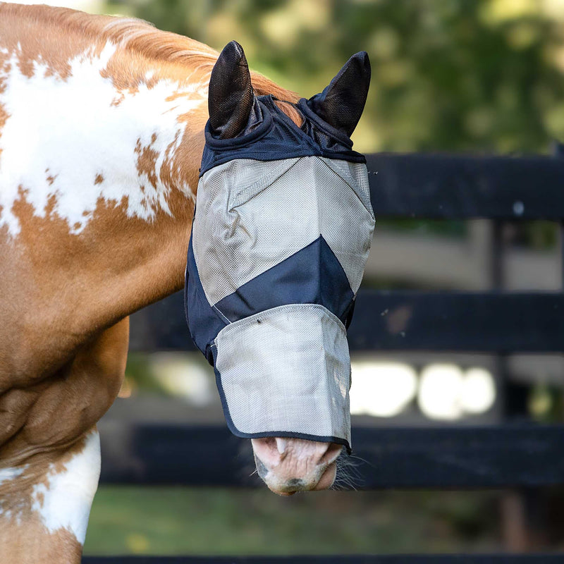 HORZE Horse Fly Mask with Long Nose Cover and Ears | Full Coverage UV Protection - Durable Micro Mesh Cob Light Brown/Black - BeesActive Australia