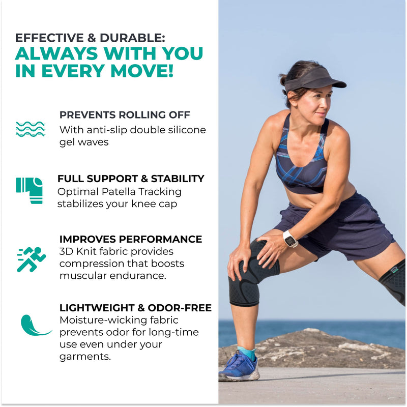 Modvel Compression Knee Brace for Women & Men - 2 Pack Knee Brace for Running Knee Pain, Knee Support Compression Sleeve, Workout Sports Knee Braces for Meniscus Tear ACL & Arthritis Pain Relief A Black Large