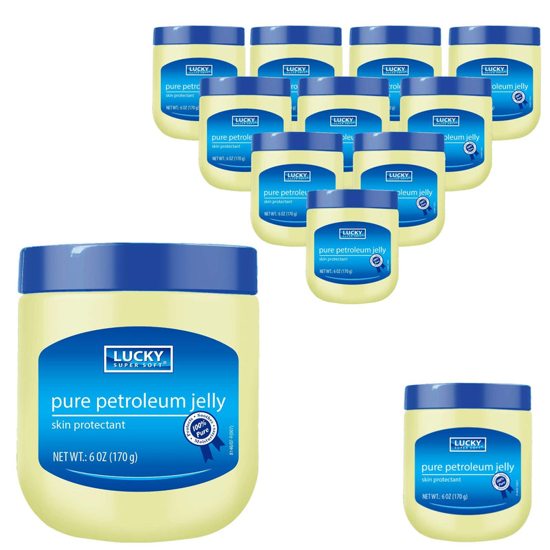 Lucky Super Soft Small Petroleum Jelly for Dry Skin, Skin Protectant Jelly Forms Water-Resistant Barrier Against Moisture to Protect Cuts, Scrapes and Burns,12-Jar Pack 6 Oz Each Unscented