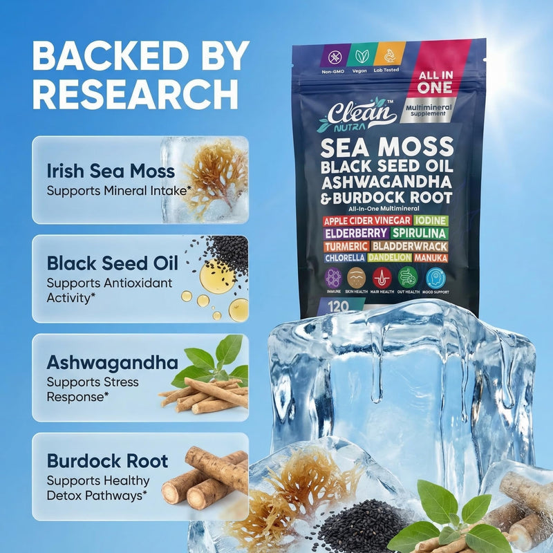 Clean Nutraceuticals Sea Moss Black Seed Oil Ashwagandha Turmeric Bladderwrack Burdock & Vitamin C Vitamin D3 with Elderberry Manuka Dandelion (120 Count (Pack of 1)) 120 Count (Pack of 1)