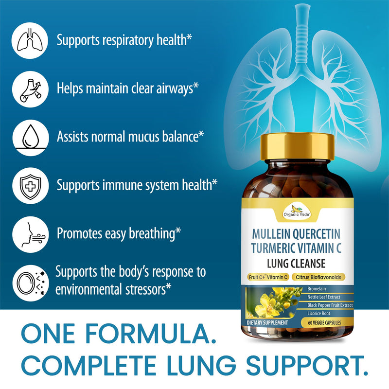 Organic Veda Mullein Quercetin Turmeric Lung Cleanse Capsules – 13 in 1 Herbal Lung Health Supplement with Bromelain, Ginger, Vitamin C – Respiratory Immune, Lung Detox for Smokers (60 Capsules) 60 Count (Pack of 1)