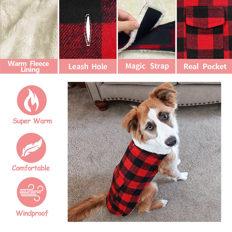 Malier Dog Winter Coat, Classic Plaid Fleece Dog Cold Weather Coats Dog Jacket with Pocket, Windprood Warm Dog Coat Vest Winter Pet Clothes Apparel for Small Medium Large Dogs (Red, X-Large) Red - BeesActive Australia