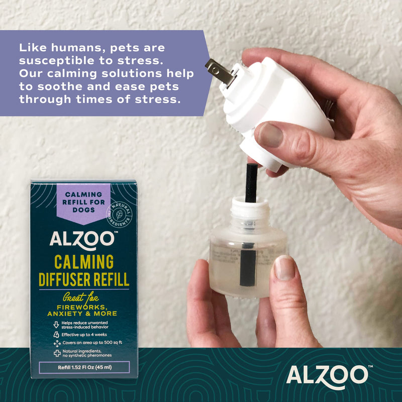 ALZOO Dog Calming Diffuser Refill - Anxiety & Stress Relief for Dogs, Made with All Valerian & Lavadin, Covers 500 Sq Ft, No Synthetic Pheromones, 4-Week Supply, Includes 1 Refill