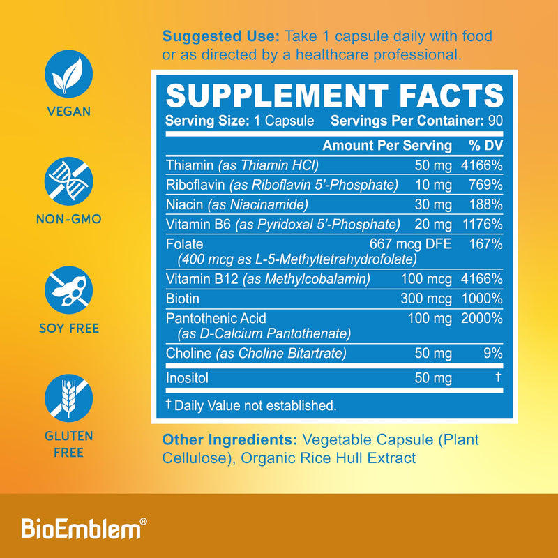 BioEmblem Vitamin B-Complex, 8 Active Forms Including Methyl, 270 Capsules | Methyl Folate, Methyl B12, B6, Biotin, Choline & Inositol - Supports Energy Metabolism, Brain, Heart & Nerves System Health 3pack_90 Capsule
