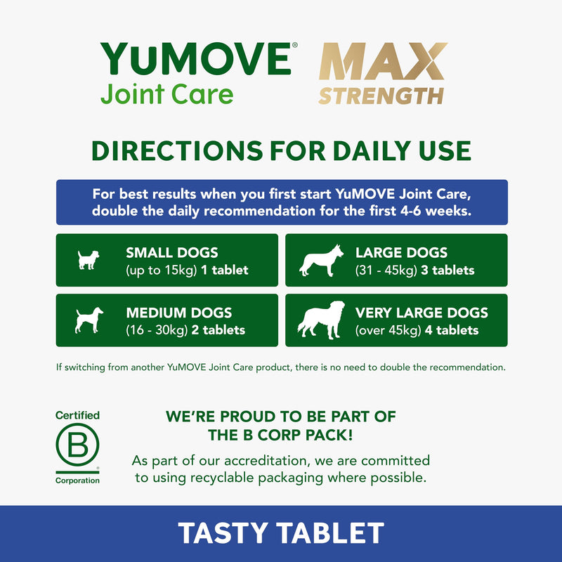 YuMOVE Max Strength Joint Supplement for Senior Dogs, Hip & Joint Aid with Glucosamine, Chondroitin, Green Lipped Mussel, 120 Tablets - Eco Friendly and Letter Box Ready Packaging | Unflavoured