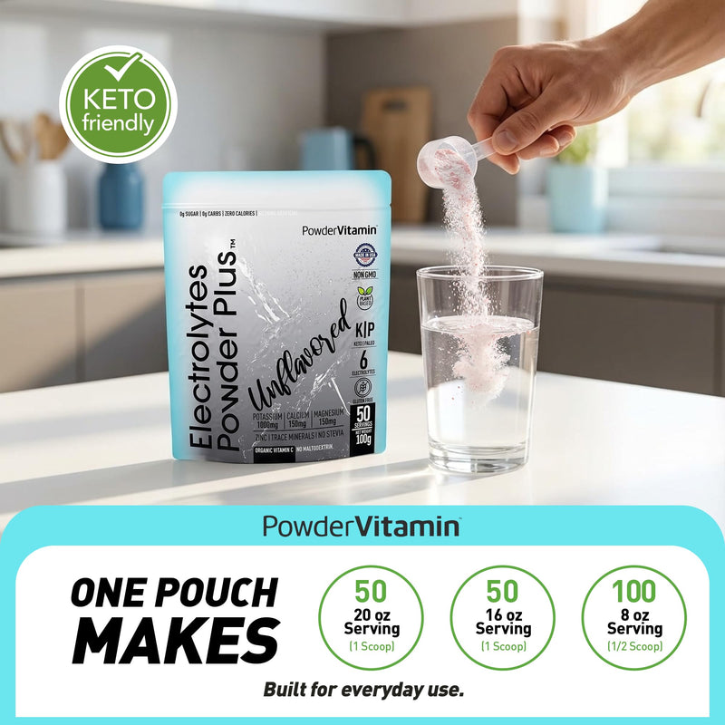 PowderVitamin Electrolytes Powder Plus - 50 Servings - Unflavored | Sugar-Free Hydration Powder, 1000mg Potassium, 120mg Magnesium, 120 mg Calcium, Himalayan Salt, Vitamin C & Zinc, USA Made 50 Servings (Pack of 1)