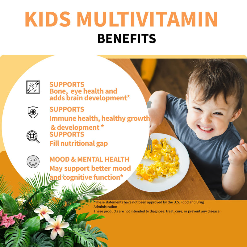 Kids Multivitamin Gummies with Magnesium & Probiotics - Vegan, Gelatin-Free, Halal, Orange & Strawberry Flavors, 90 Count