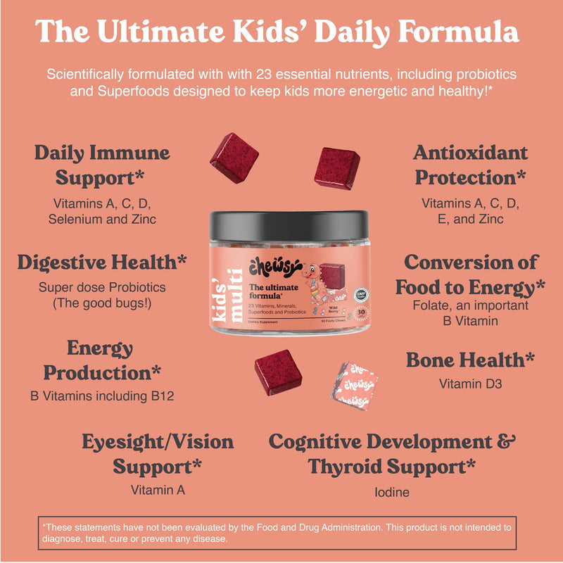 Chewsy Kids’ Multivitamin, Delicious Candy-Style Daily Vitamin Chews + Probiotics + Superfoods, Wild Berry Flavor Chewable Fruity Supplement Chews, Individually Wrapped, Easy to Enjoy, 30-Day Supply Kids' Multi 30 Count (Pack of 1)