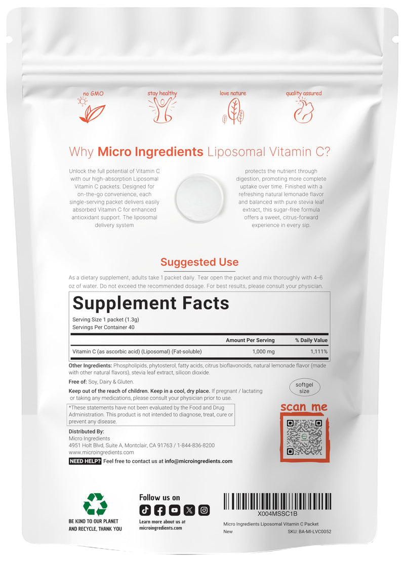 Micro Ingredients 1,000mg Vitamin C Powder Packets for Daily Immune Support*| Sugar Free Drink Mix | Liposomal Fat-Soluble Form for Better Absorption | 40 Travel Packets, Lemonade Flavor