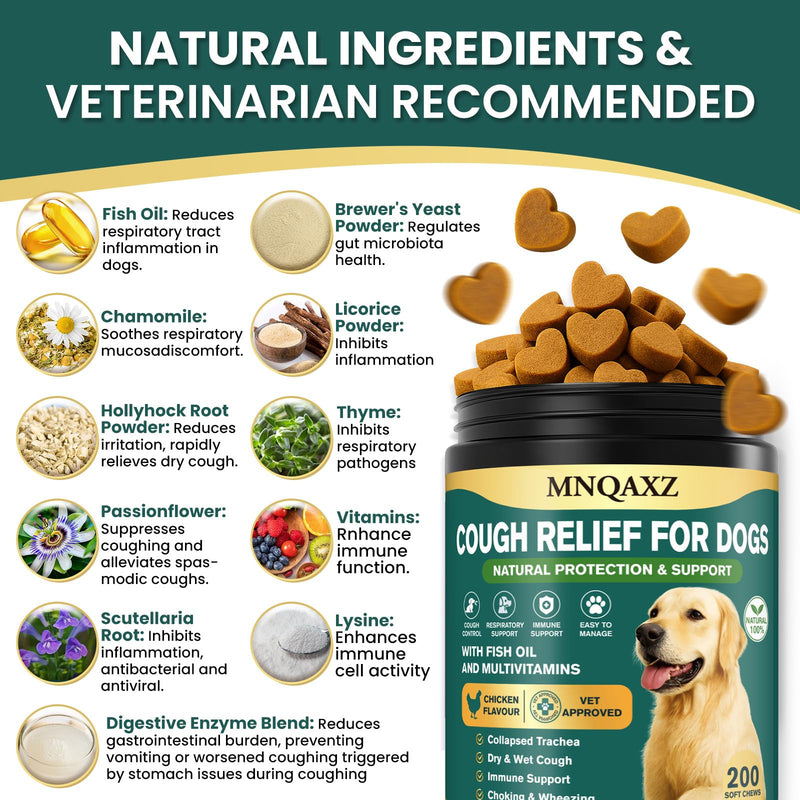 Dog Cough Relief Chews,Kennel Coughing Treatment,Natural Herbal Formula, Relief for Cough and Breathing Discomfort-100% Natural Respiratory Support,Safe Suppressant Treats 200pcs