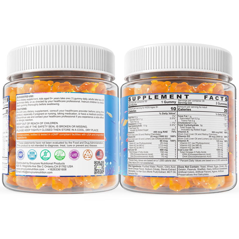 Cod Liver Oil Gummies with Omega-3, Vitamins A, D3 & K2 for Adults & Teens | Cod Liver Oil Omega 3 Fish Oil Gummies for Immune, Brain & Cognitive Support, Sugar Free, Orange Flavor, 120Cts 60 Count (Pack of 1)