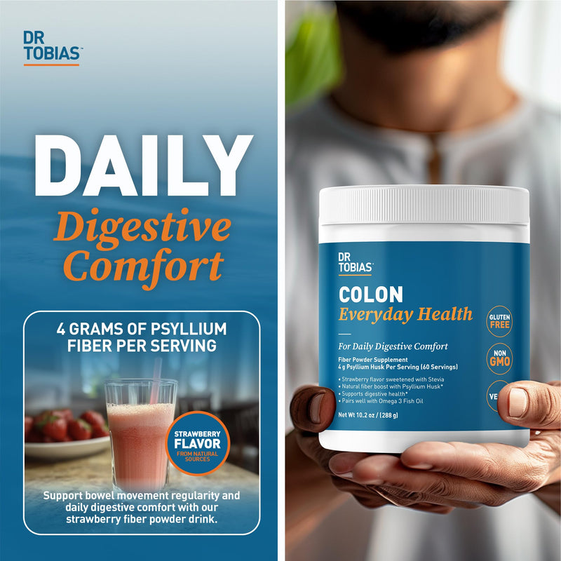 Dr. Tobias Colon Everyday Health - Gut Health for Women & Men - Psyllium Fiber Powder Drink with 4g Psyllium Husk Powder per Serving, Vegan, Gluten Free, Non-GMO, Strawberry Flavor, 60 Servings 10.2 Ounce (Pack of 1) - BeesActive Australia