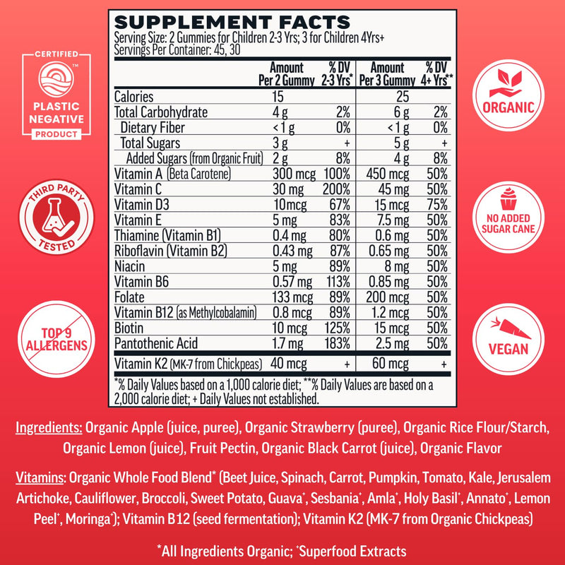 Llama Naturals Kids Multivitamin Gummies | Real Fruit, No Added Sugar Cane | Organic Vegan Toddler Whole Food Vitamins | Vitamin D, C & Beta Carotene Gummy Supplement | Strawberry 90 Ct (1-2 Months) 90 Count (Pack of 1)