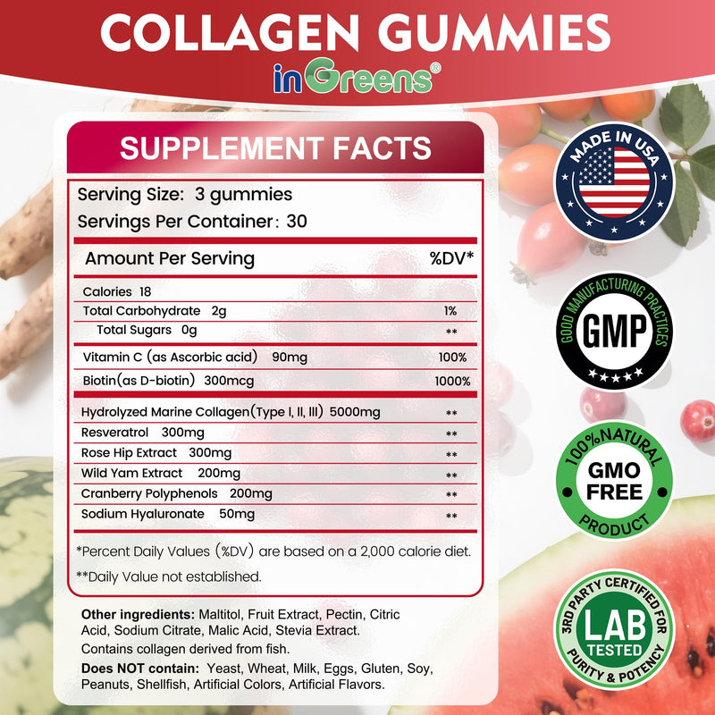 inGreens 5000mg Marine Collagen Gummies, Sugar Free, 90 Count | Hydrolyzed collagen blend with Resveratrol, herbal extracts, and Biotin for daily absorption 90 Count (Pack of 1)