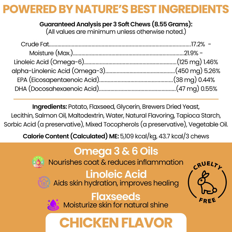 Omega 3 Fish Oil for Dogs - 180 Soft Chews - Itch Relief, Shedding & Hot Spots - Dog Allergy Relief - Salmon Oil Skin & Coat Supplement - EPA DHA - Chicken Flavor - Made in USA | Chew + Heal 180 Chews
