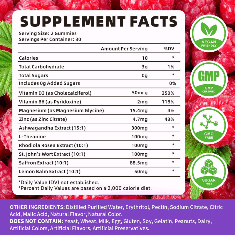 Saffron Gummies, Saffron Supplements for Kids & Adults with Ashwagandha, L-Theanine, Lemon Balm, Vitamin D3, B6, Magnesium & Zinc - Support Focus, Relaxation, Raspberry Flavor, 60 Count 60 Count (Pack of 1)