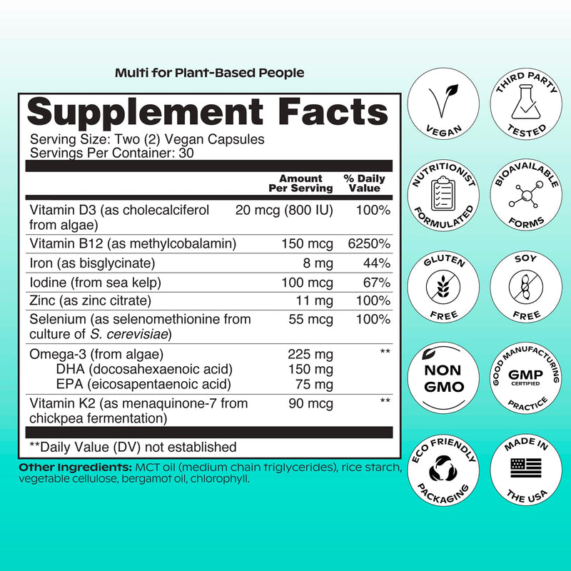 wholier Multi for Plant Based People Vegan DHA Omega 3 B12 Iron 60 Capsules | Supports Energy, Brain Health & Daily Wellness for Adults with Essential Nutrients Zinc, Iodine, Selenium & Vitamin K2