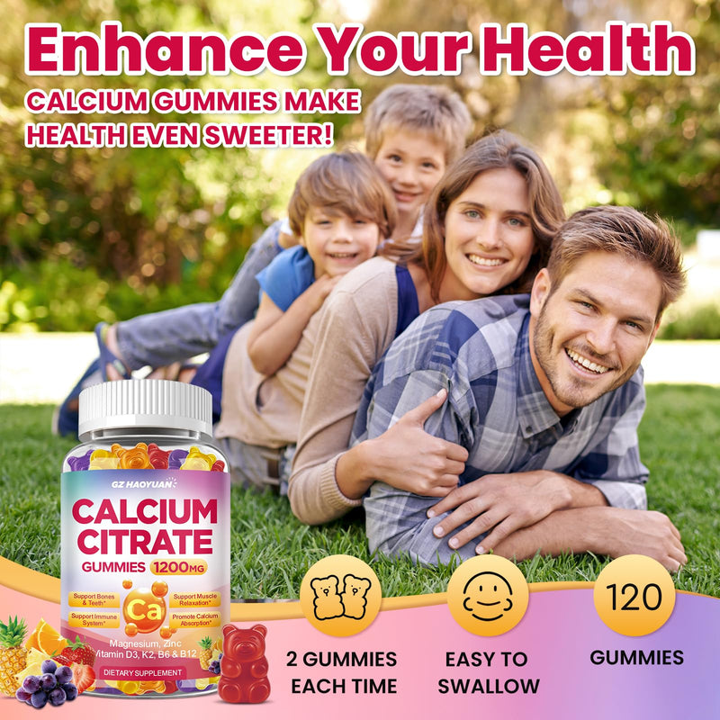 Calcium Citrate Gummies - 1200mg Calcium Gummies Supplements for Women & Men with Vitamin D3, K2, Magnesium, Zinc High Absorption for Bone, Muscle & Immune Support, Fruit Flavor, 120 Count Mixed Fruit 60 Count (Pack of 2)