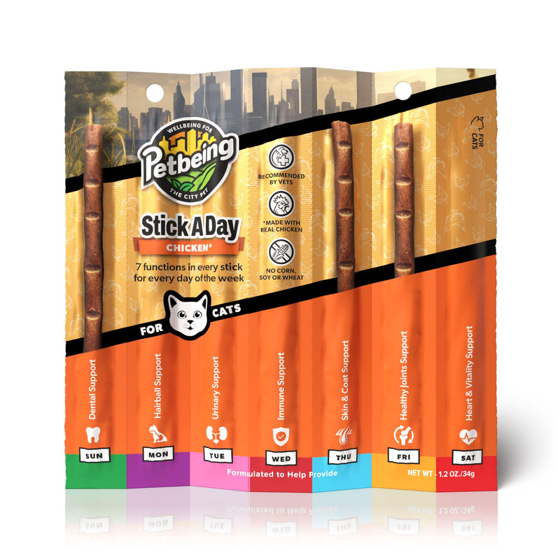 Stick a Day Cats | Specially Formulated 7-in-1 Functions Daily Real Meat Supplement for Cats | Cat Chew Stick & Pet Vitamins Supplements Combination (7-Pack x 4, Mix) Mix of (Chicken & Salmon)