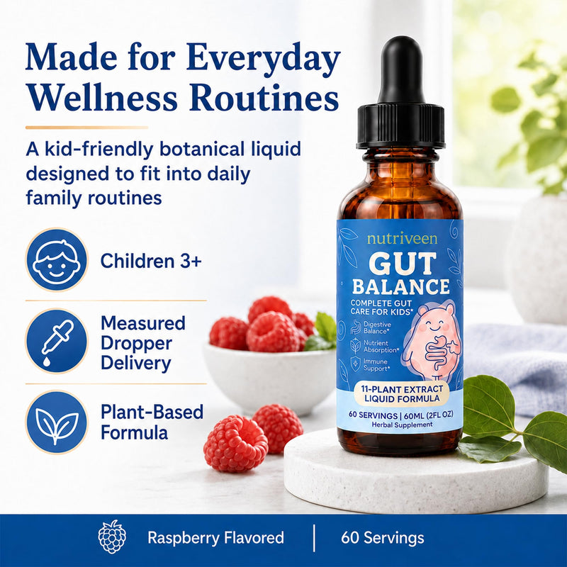 Gut Balance for Kids, 11-Plant Liquid, Raspberry, 60 Servings | Measured dropper, plant-based formula, no pills or capsules, simple daily use