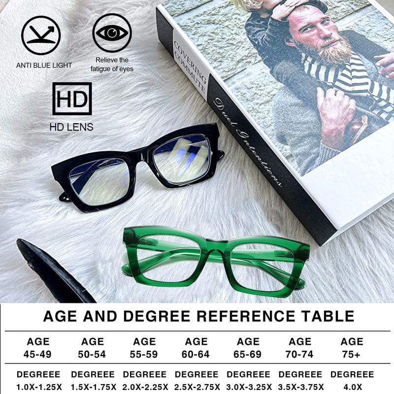 Hubeye Oprah Style Reading Glasses for Women Men Blue Light Blocking Computer Square Readers with Spring Hinge Black/Green 1.5 Diopters - BeesActive Australia