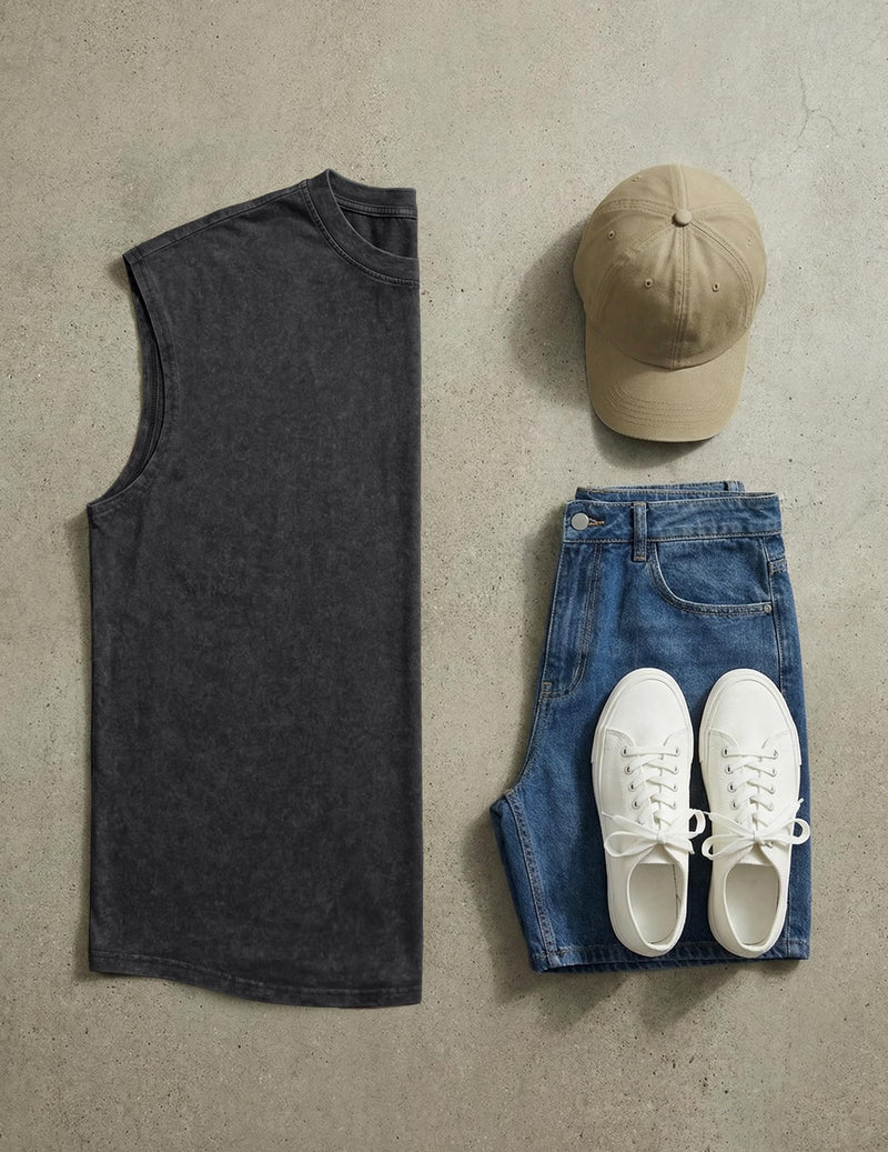 JMIERR Men's 100% Cotton Washed Sleeveless T-Shirt Crew Neck Muscle Tank Top for Summer Casual Gym Workout Medium Black - BeesActive Australia