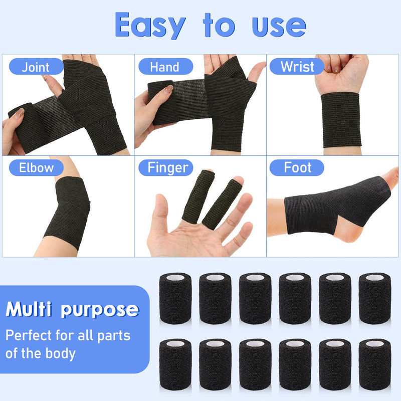 NANASO 12PCS Self Adhesive Bandage Wrap,4" x 5 Yards Elastic Adhesive Tape for Sports,Self Adherent Wrap for Pet,Breathable Cohesive Bandage for Wrist Ankle Knee Leg First Aid Sprains Swelling-Black - BeesActive Australia