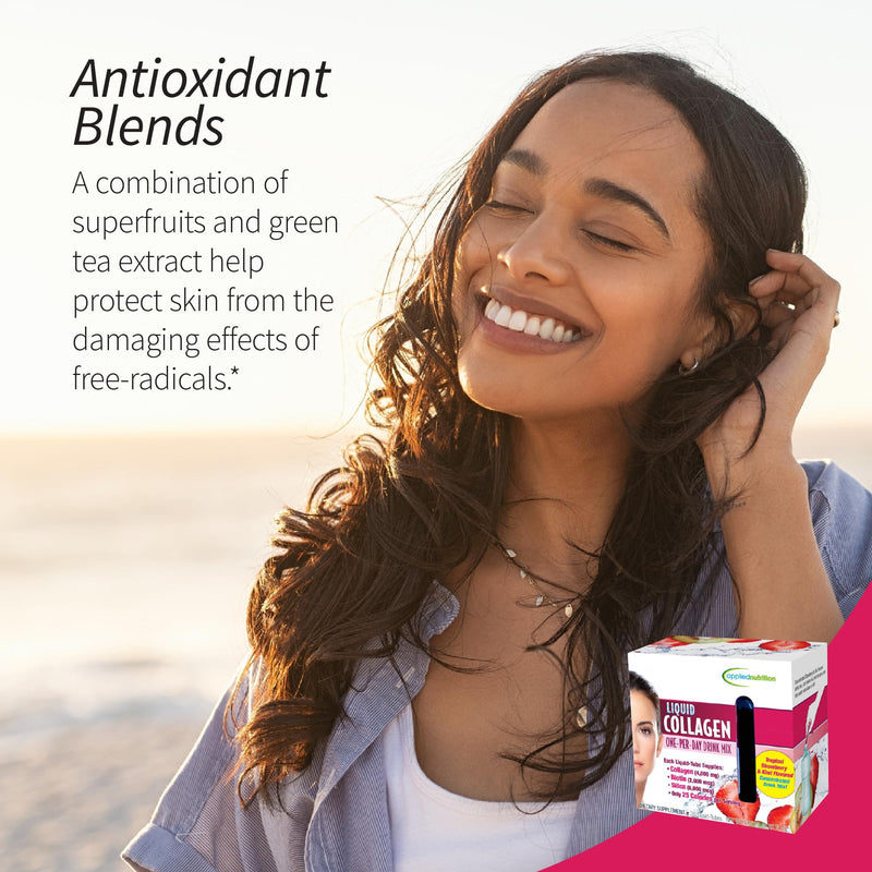 Applied Nutrition Liquid Collagen Skin Revitalization Beauty Drink | Healthy-Looking Skin | 4,000 mg Collagen + Biotin + Silica | Strawberry Kiwi Flavor Collagen Drink | 30 Liquid Tubes 30 Count (Pack of 1)