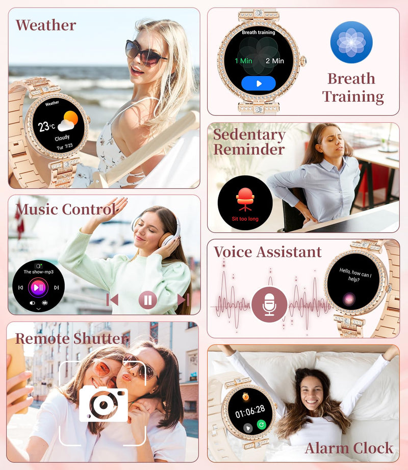 ESFOE Smart Watches for Women,1.19” AMOLED Smart Watch Women Answer Make Calls,IP68 Waterproof Fitness Tracker,Heart Rate Sleep Monitor,100+ Sports Pedometer Watch for Android iOS Phone,Gift,Rose Gold FV8-A(Diamond Metal Gold)