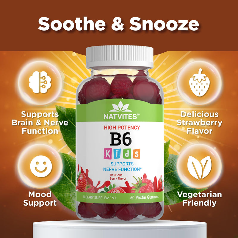 High-Potency Vitamin B6 Gummies for Kids - Delicious Berry Flavored VIT B6 Vitamins 50mg - Supports Nerve Function - Vegetarian Gluten Free Non-GMO Children's 50 mg B 6 Supplement (60 Count)