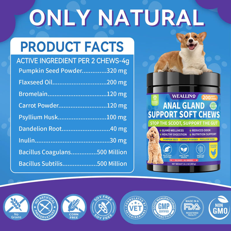 Anal Gland Chews for Dogs - No Scoot for Dogs with Pumpkin, Inulin & Probiotics for Dogs Digestive, Supports Anal Gland Healthy & Bowel Function Fiber Supplement for Dog Chicken Flavor 200 Soft Chews
