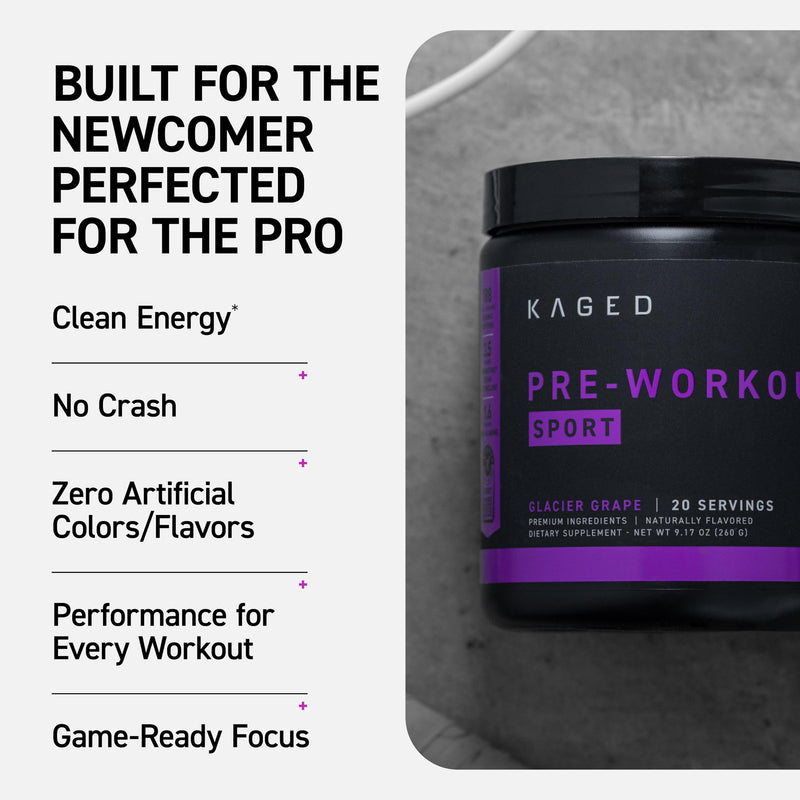 Kaged Sport Pre Workout Powder for Men & Women, Glacier Grape, Sport Certified, 188mg Caffeine, Nitric Oxide Supplement, Beta Alanine for Energy, Weightlifting, Cardio Endurance, Strength, 20 Servings