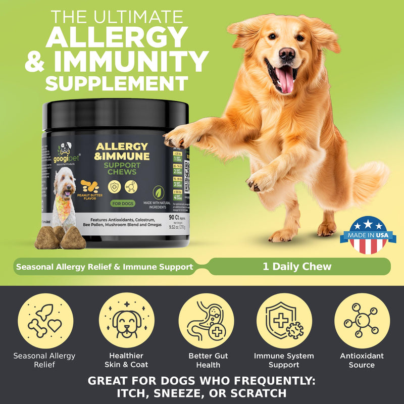 Googipet Dog Allergy Chews, Seasonal Dog Allergy Relief & Itchy Skin Relief, Skin & Coat Supplement Colostrum, Coconut Oil, Omega 3 Fish Oil, & Bee Pollen for Dogs Itch Relief (Peanut Butter Flavor) Allergy Chews (Peanut Butter Flavor)