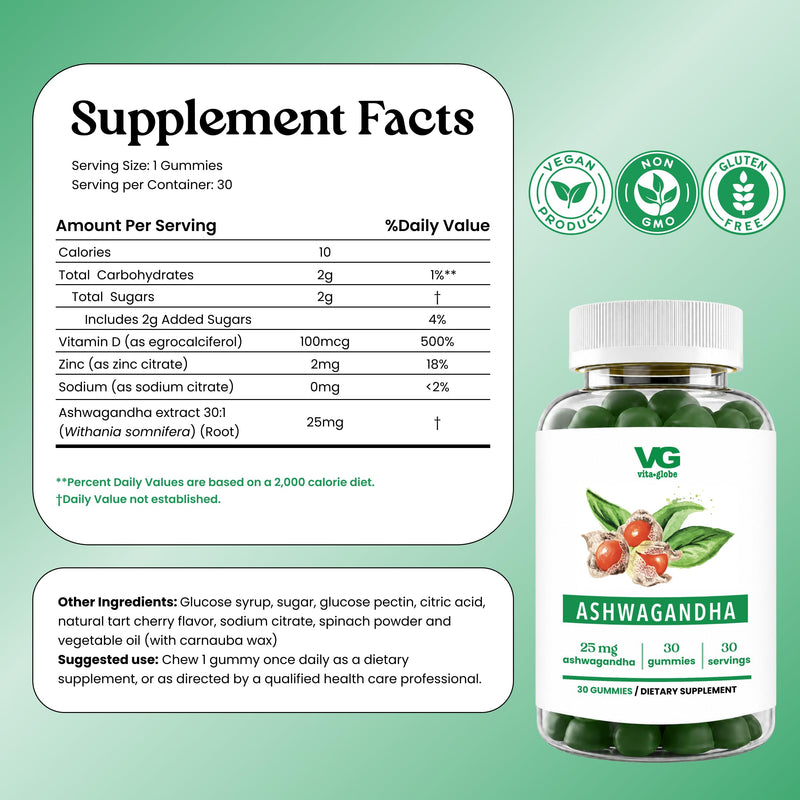 VITA GLOBE Ashwagandha Gummies 25mg for Women & Men, Vitamin D2 & Zinc | Ashwagandha Mood Support, Stress Relief, Non-GMO, Vegan Chewable, 60 Count 30 Count (Pack of 2)