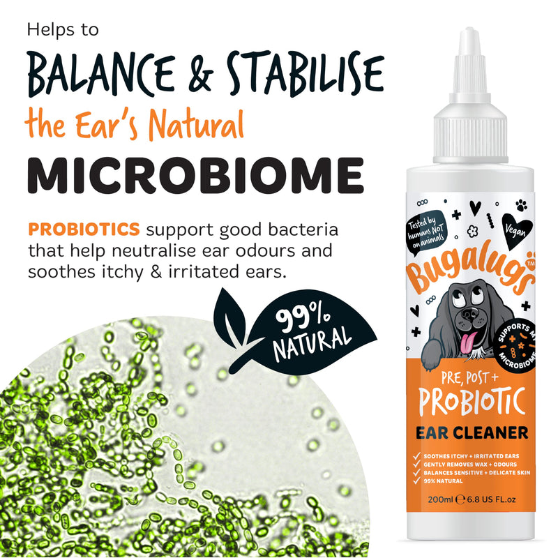 BUGALUGS Dog Ear Cleaner with Pro, Pre and Probiotics for dogs that helps soothe itchy ears, remove wax and odours plus dog ear drops support your dogs Microbiome (Probiotic Ear Cleaner 200ml) Probiotic Ear Cleaner 200ml