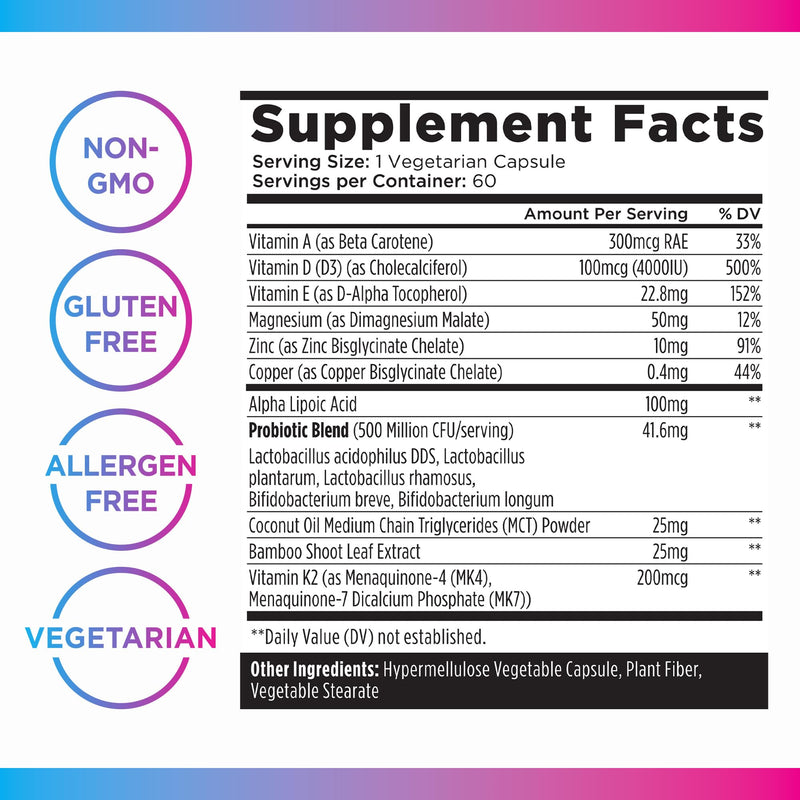 Livingood Daily Vitamin D3 K2 4000 IU Supplement, 9-in-1 Dietary Supplement for Immune Support - Made with Vitamins D, A, E, K2, Zinc, Magnesium & Probiotic Blend for Maximum Absorption - 60 Capsules - BeesActive Australia
