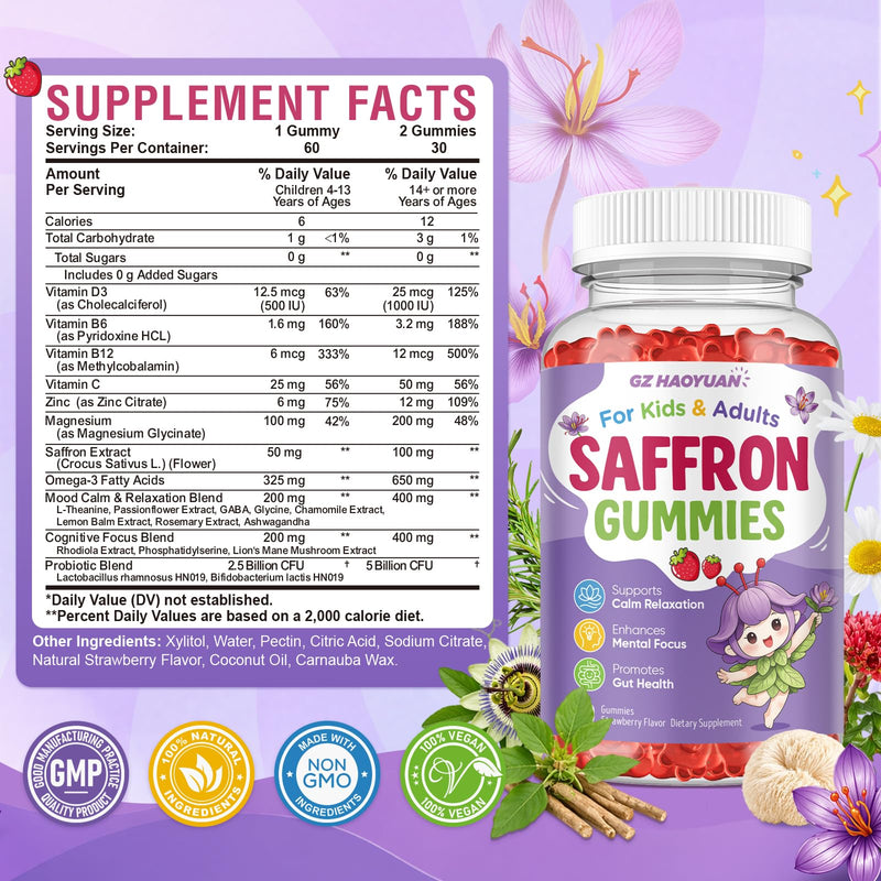 Saffron Gummies for Kids & Adults, 21-in-1 Saffron Supplements with 100mg Saffron Extract, L-Theanine, Magnesium, Omega-3, GABA, D3, B6, B12 & C, Supports Mood, Focus & Gut Health, Sugar-Free, Vegan Strawberry 60 Count (Pack of 2)