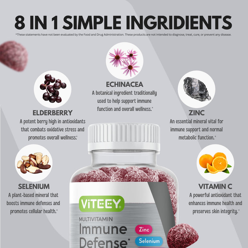 Viteey Multivitamin Gummies 8in1 Immune Support Supplement with Probiotics | Immune Boosters for Adults & Teens - Vegan, Gelatin Free, GMO Free - Chewable Berry Flavored Pectin Immune Defense 60 Count (Pack of 1)