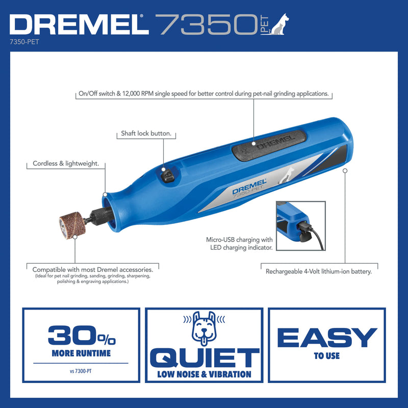 Dremel 7350-PET 4V Pet & Dog Nail Grinder, Easy-To-Use & Safe Nail Trimmer, Professional Pet Grooming Kit - Works on Large, Medium, Small Dogs & Cats New Model w/ 4 Sanding Bands