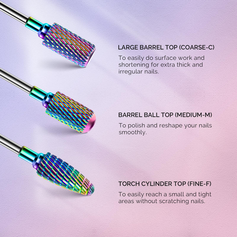 MelodySusie Nail Drill Bits Set, 7pcs Tungsten Carbide Diamond Nail Drill Bits for Acrylic Nails Poly Gel Cuticle Remove, 3/32'' Professional Nail Bits for Nail Drill Efile, Manicure Pedicure Tools 7 Piece Set-Tungsten Colorful