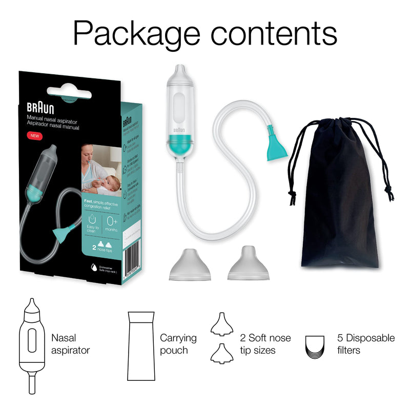 Braun Manual Nasal Aspirator - Mucus Remover, Blocked Nose Relief, Manual Suction Power, 2 Nose Tip Sizes, Newborn, Baby, and Child Friendly, Dishwasher Safe, FSA and HSA Eligible - BeesActive Australia