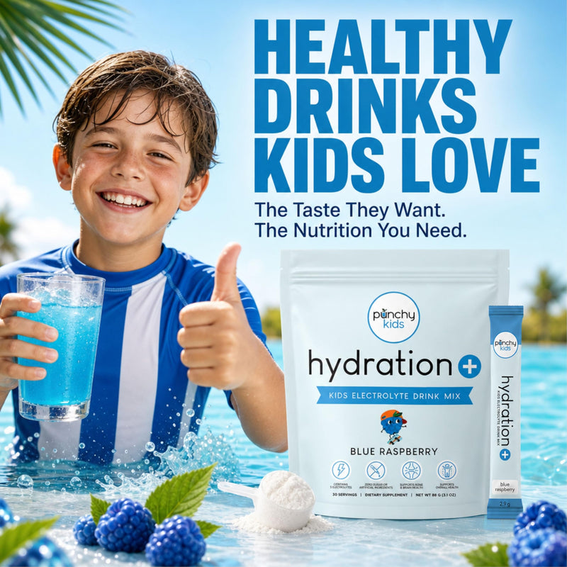 Hydration+ Electrolyte Drink Mix for Kids – Sugar Free, Immune & Bone Support with Vitamin D, Zinc & K2 – Blue Raspberry, 20 Stick Packs 20 Servings (Stick Packs)