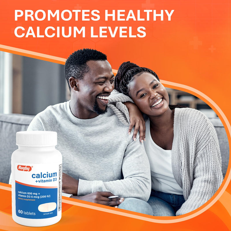 Rugby Calcium 600 mg + Vitamin D3 200IU (5 mcg) Tablets, 60 Count | Gluten-Free Dietary Supplement for Bone Health and Calcium Absorption, No Artificial Colors, Flavors and Preservatives