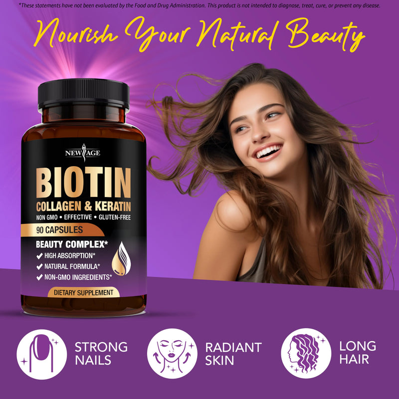NEW AGE Biotin Collagen Keratin Hyaluronic Acid - Hair Growth Vitamins for Men and Women, Nails, Hair, Skin Vitamins and DHT Blocker with Vitamin E Folic Acid Pumpkin Seed MSM- 270 Count 270 Capsules (Pack of 3)