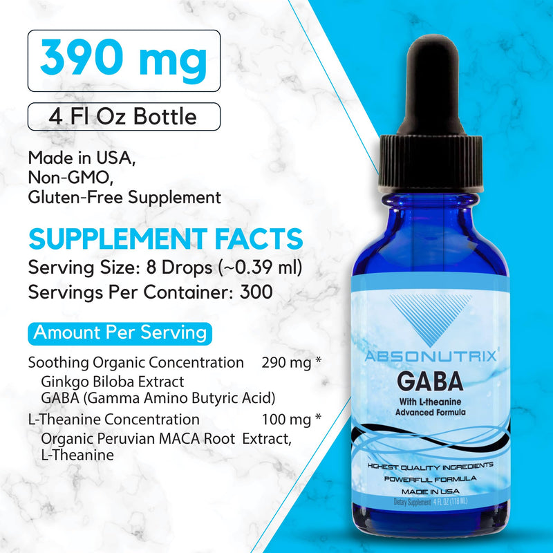 GABA with L-Theanine 290 mg, 4 Oz Liquid, 300 Servings, Made in USA, Quick Absorption, Quality Potent Ingredients, Non-GMO, GMP Certified Facility, Cruelty-Free Products