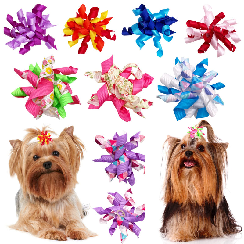 PET SHOW 10pairs Small Dogs Hair Bows with Rubber Bands Curly Yorkie Topknot Cat Puppies Hair Accessories Bowknot Grooming Supplies Flower Floral Style Set A-Floral - BeesActive Australia