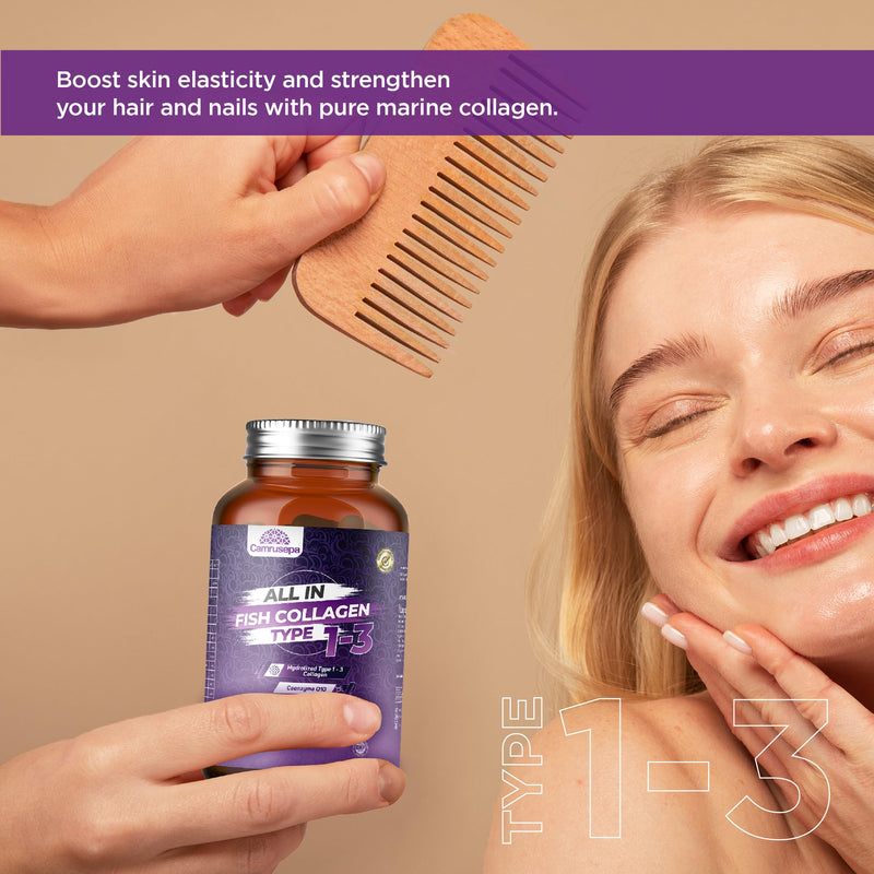 All in Fish Collagen Type 1-3 – Marine Collagen Tablets with Hyaluronic Acid, Resveratrol, Glutathione, Selenium, Zinc & Vitamins – Hair, Skin, Joint & Nail Support – 90 Tablets