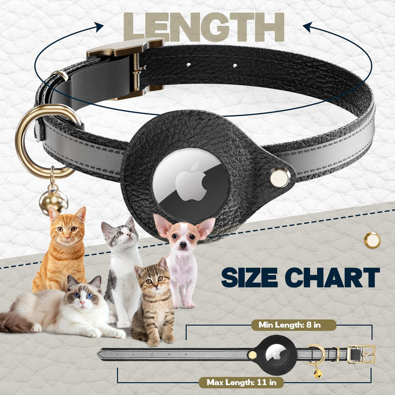 Leather AirTag Cat Collar Non Breakaway, Reflective GPS Cat Collar Adjustable with Bell and Elastic Strap for Kittens, Lightweight Cat Airtag Collar for Cats, Puppies (Black) Black - BeesActive Australia