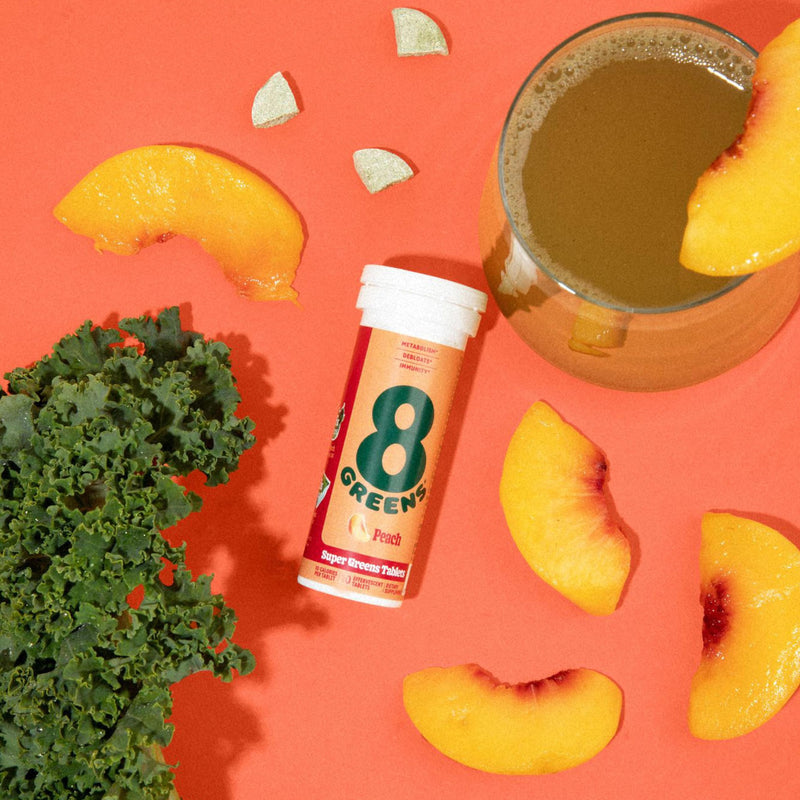 8Greens Daily Greens Effervescent Tablets, Peach, 30 Count | Spinach, Wheatgrass, Blue Green Algae, Spirulina, Aloe Vera, Chlorella, and Barley Grass; For Metabolism, Immunity & Focus