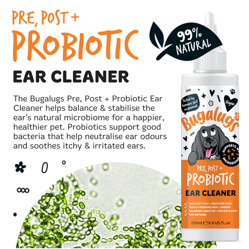 BUGALUGS Dog Ear Cleaner with Pro, Pre and Probiotics for dogs that helps soothe itchy ears, remove wax and odours plus dog ear drops support your dogs Microbiome (Probiotic Ear Cleaner 200ml) Probiotic Ear Cleaner 200ml